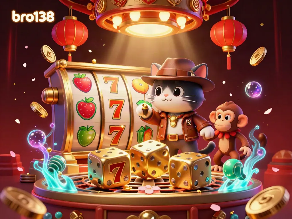 Spin and win at bro138 with an adventurous cat archaeologist uncovering golden casino treasures.