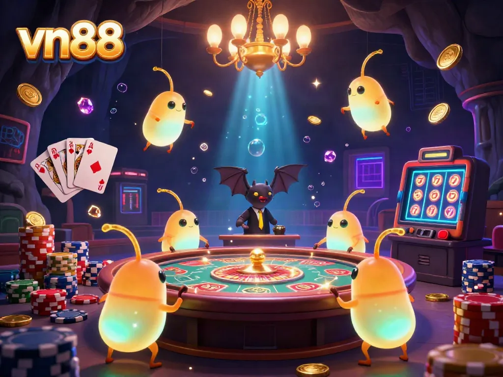 Experience the thrill of vn88 in a vibrant casino scene with glowworms lighting the action and games.
