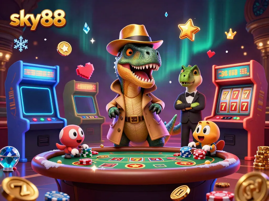 Experience the thrill of sky88 gaming with an entertaining scene featuring a velociraptor card counter and hidden stakes.