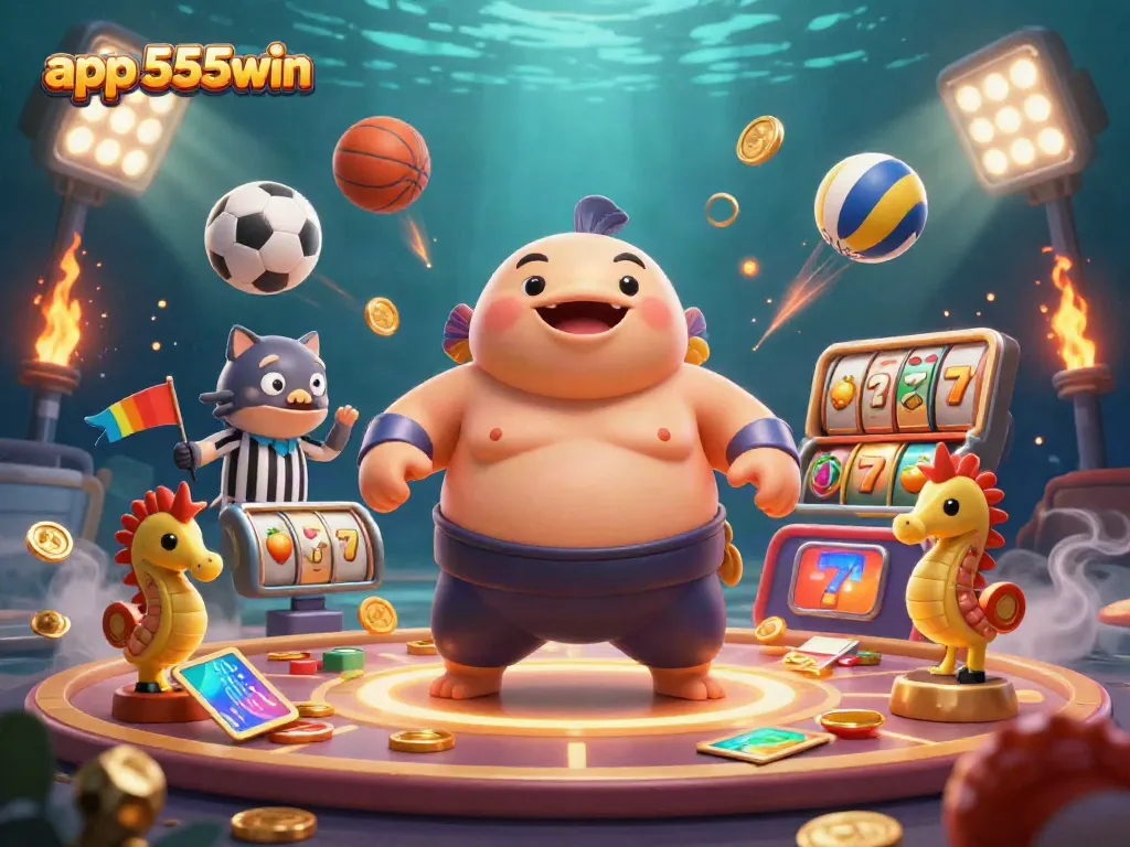 Engage with the app 555win in a vibrant underwater casino themed scene featuring colorful characters and slot elements.