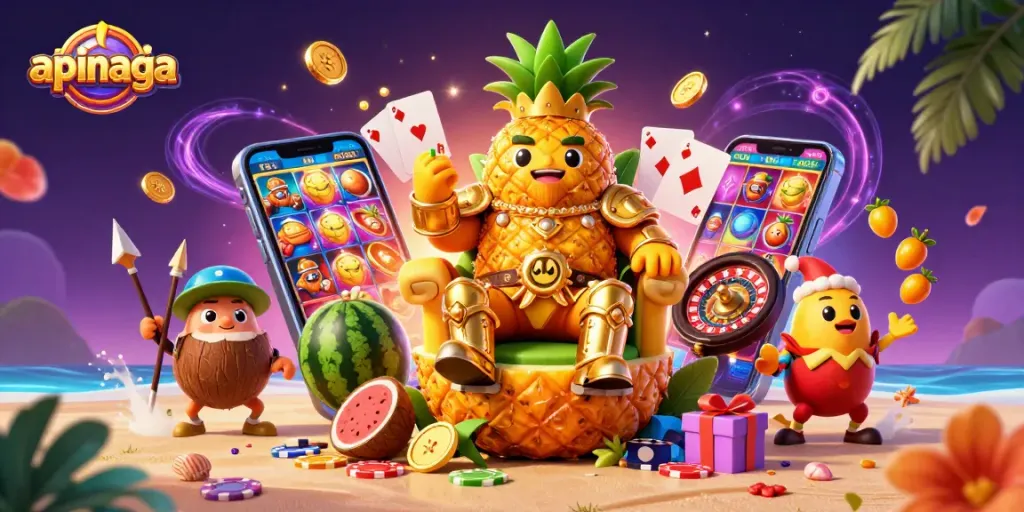 Experience vibrant gameplay at apinaga with a dynamic beach casino scene featuring a golden pineapple king and interactive game elements.