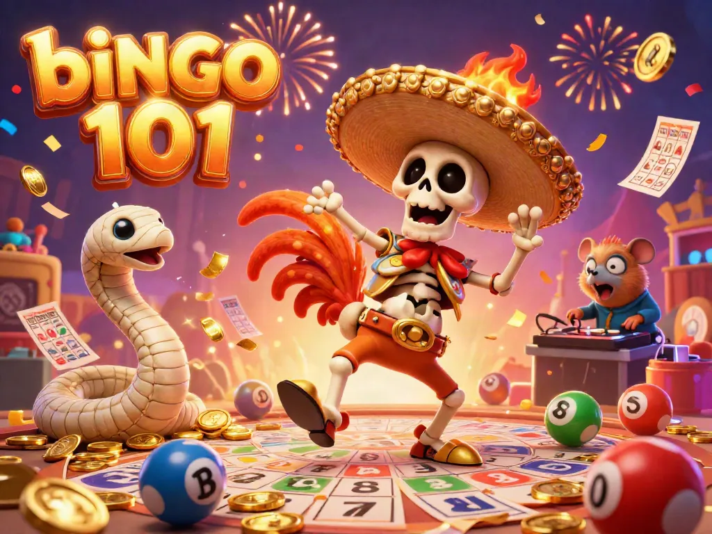Bingo 101 explosion of excitement with a vibrant carnival scene featuring a dancing skeleton rooster and bingo elements.