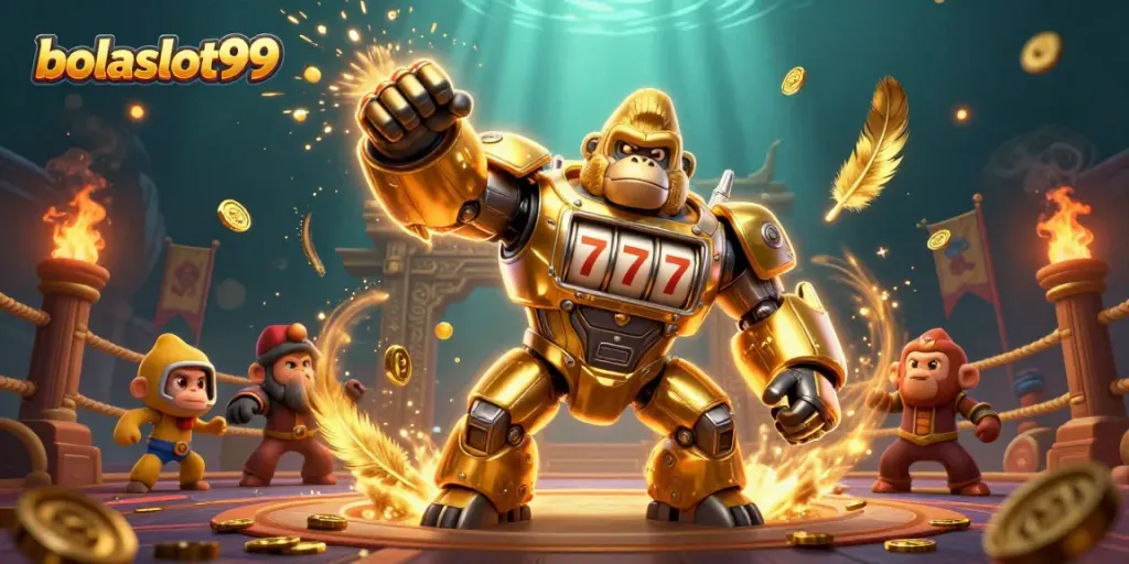 Experience exhilarating gameplay at bolaslot99 with dynamic golden gorilla mech and slot elements!