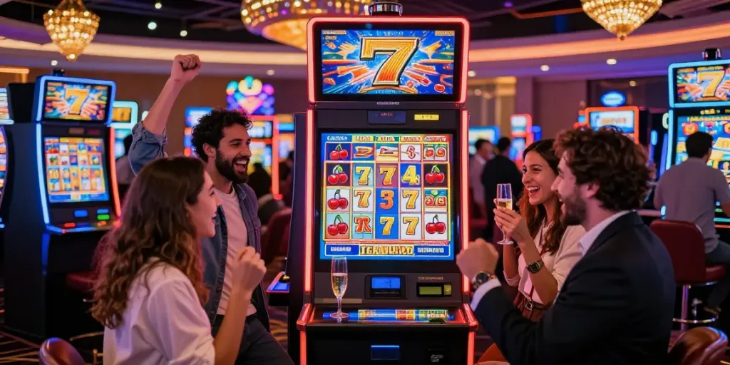 Group of friends celebrating a big win at a Lucky777 slot machine in a vibrant casino.