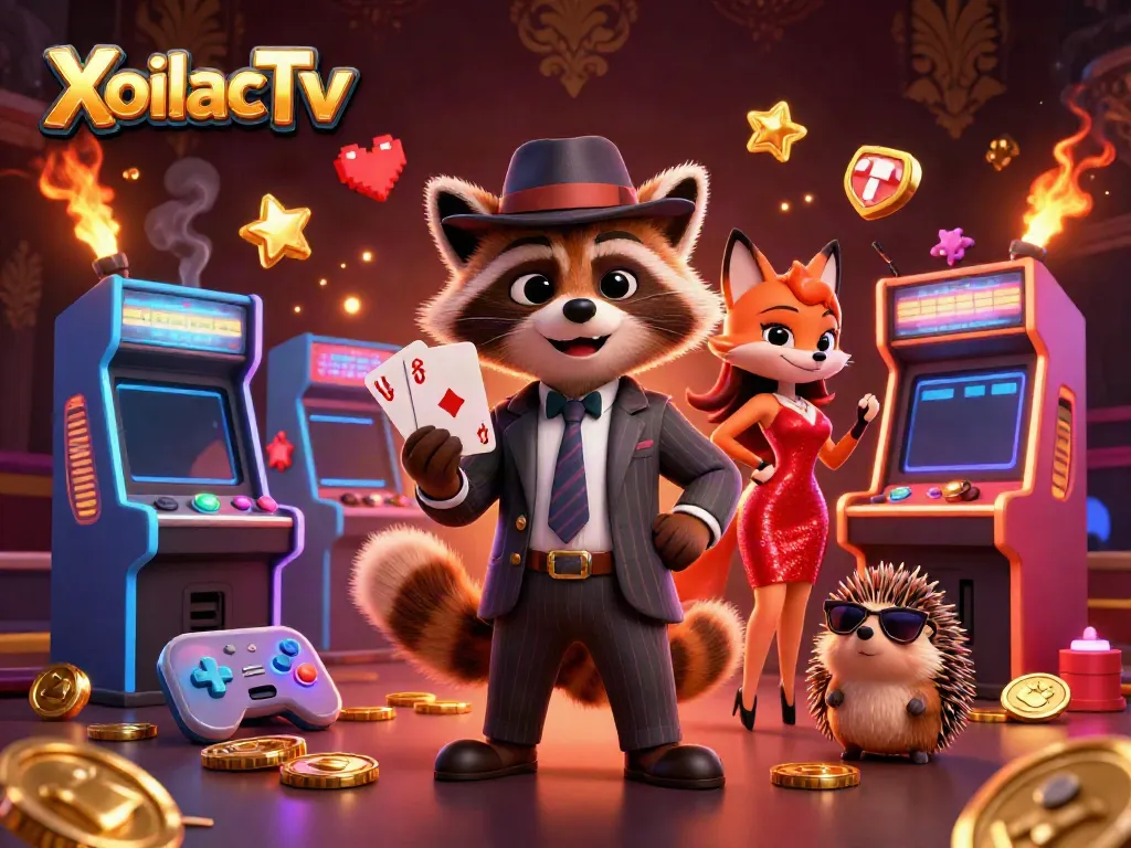 XoilacTv showcases a suave raccoon, fox lady, and hedgehog bouncer in a lively 3D casino atmosphere with vibrant decorations.