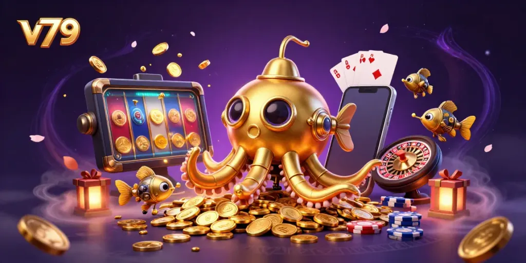 Experience thrilling gameplay at V79, featuring a dynamic kraken submarine amidst golden coins and slot elements.