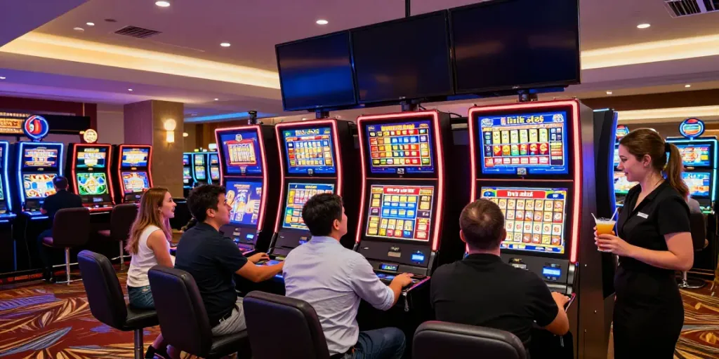 Players engaging at vibrant casino slot machines focusing on link slot mechanics