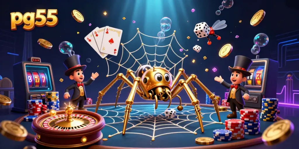 Experience exciting gameplay with PG55, featuring a golden spider and vibrant casino elements.