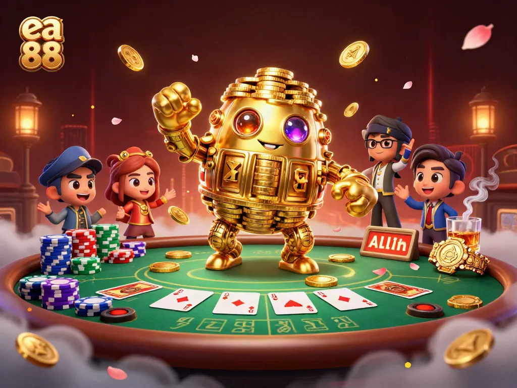 Engage with high-stakes gaming at ea 88 featuring a lively poker scene with a dynamic golden golem.