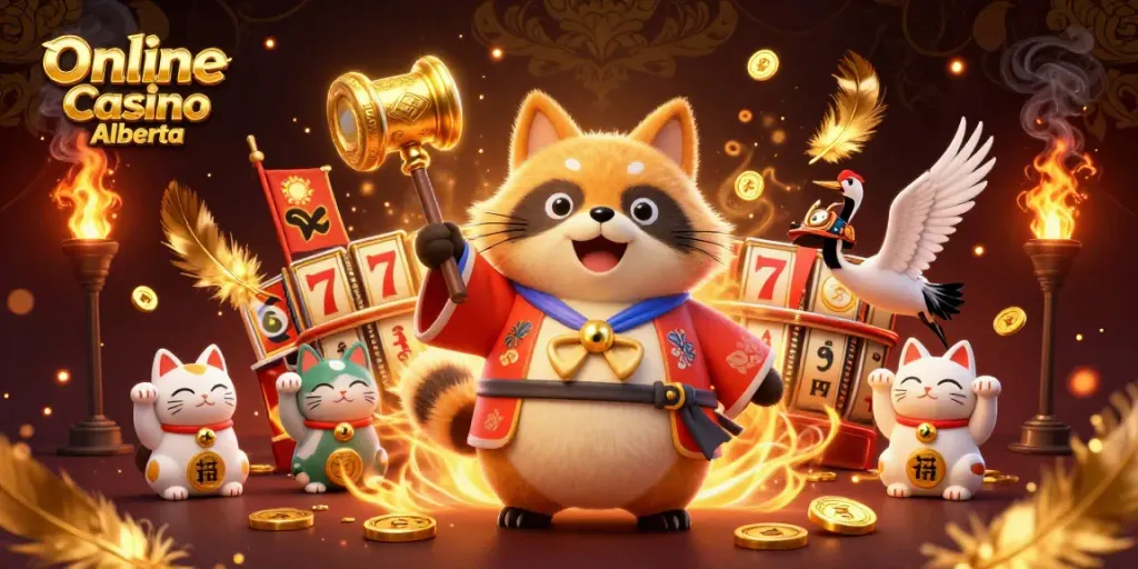 Experience the thrill of Online Casino Alberta with this vibrant 3D illustration featuring playful tanuki, fortune cats, and slot elements.