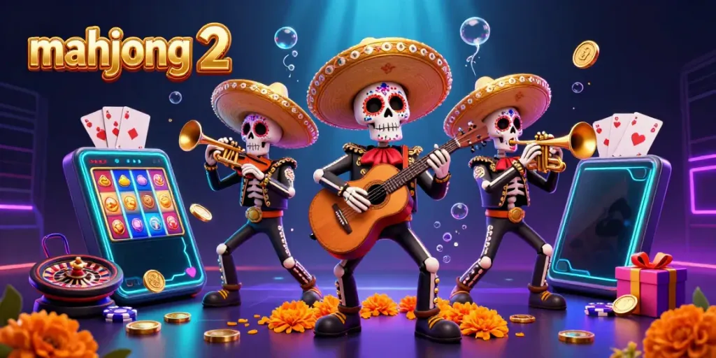 Experience mahjong 2 with vibrant 3D art showcasing a mariachi band amidst energetic casino elements.
