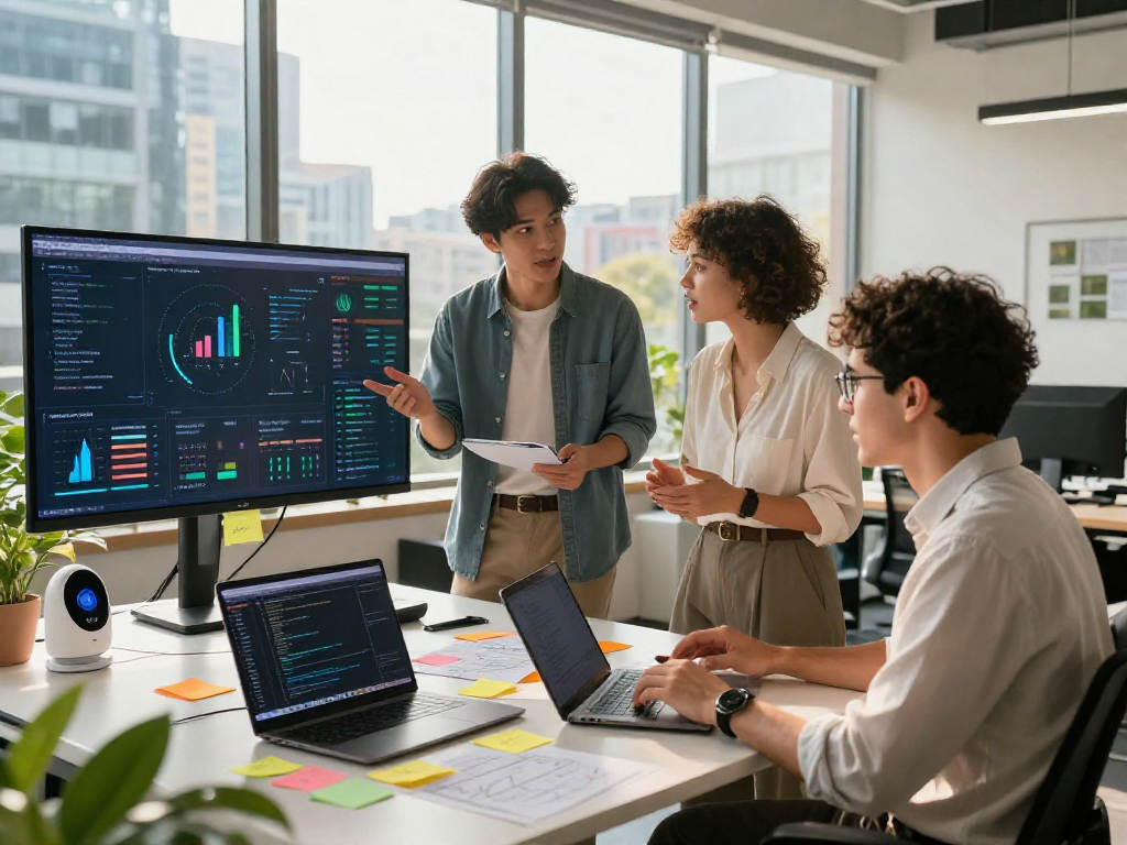 Collaborative workspace showcasing spicy AI development with professionals discussing data analytics and innovative tech solutions.