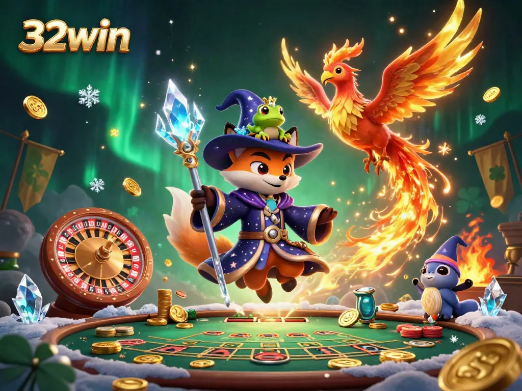 Experience the thrill of 32win with a wizard, phoenix, and rich casino elements in this immersive artwork.