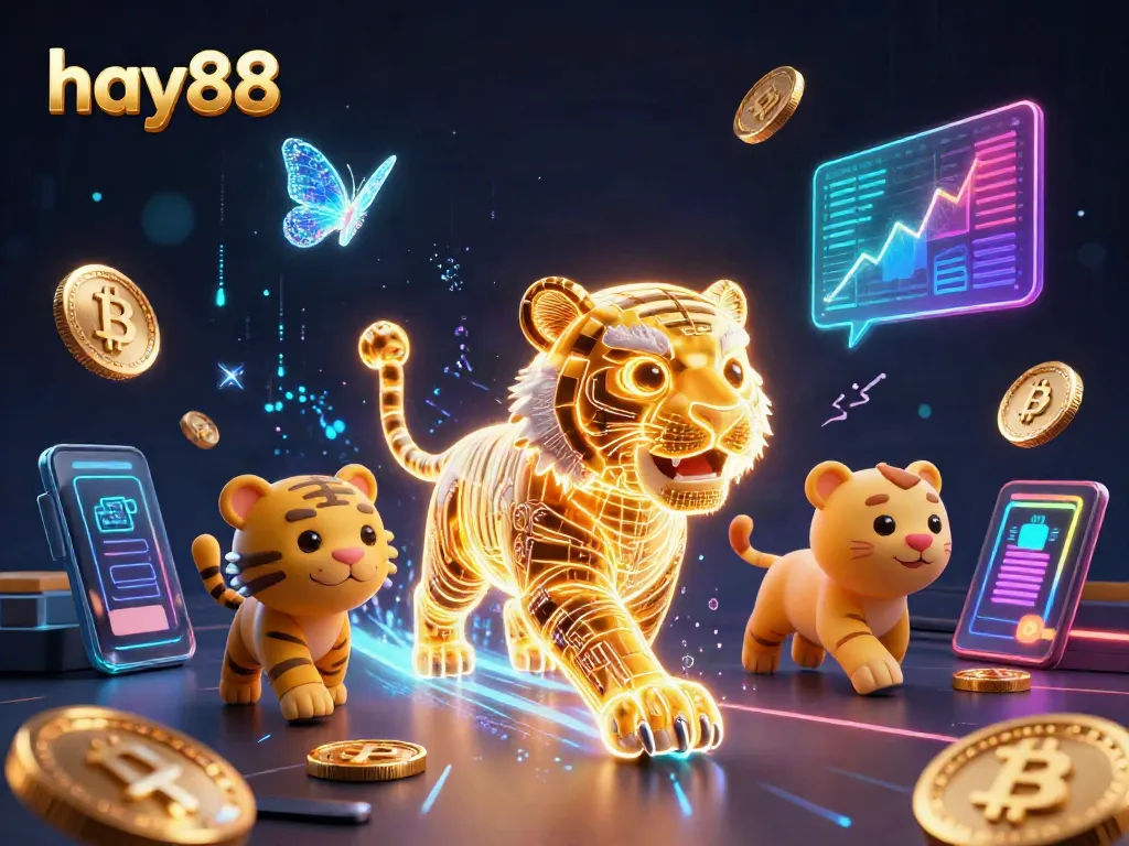 Experience excitement at hay88 with a neon tiger in a digital casino landscape surrounded by cryptocurrency.