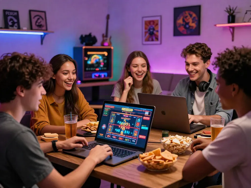 Casino Bonus ohne Einzahlung: Freunde genießen Online-Spiele in einer einladenden Atmosphäre.