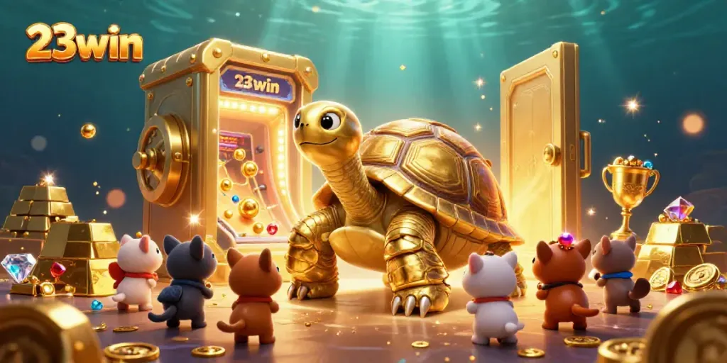 Engage in thrilling gameplay at 23win with a vibrant 3D casino scene featuring a golden tortoise pinball machine.