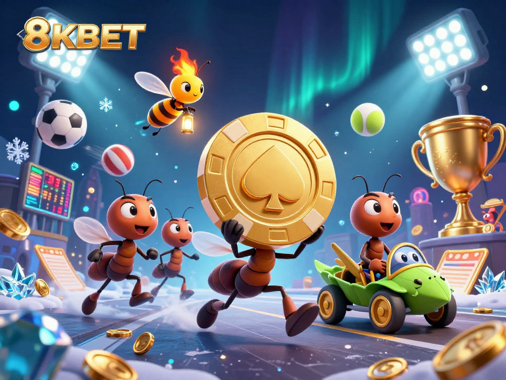 8KBET ants on a heist with a giant poker chip amidst vibrant sports elements and dynamic action.