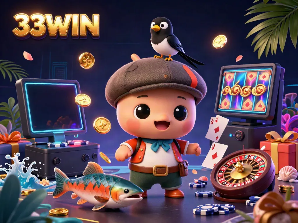 Engage with 33WIN in a vibrant 3D casino scene featuring cartoon Nessie and gaming elements.