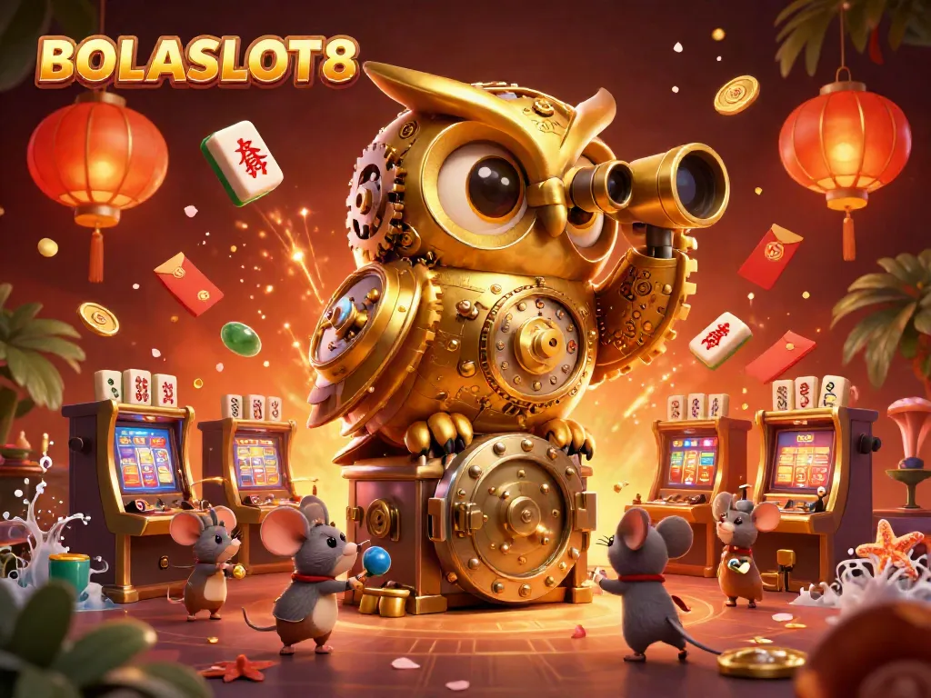 BOLASLOT88 features a golden owl and playful mice in an immersive casino scene filled with excitement and charm.
