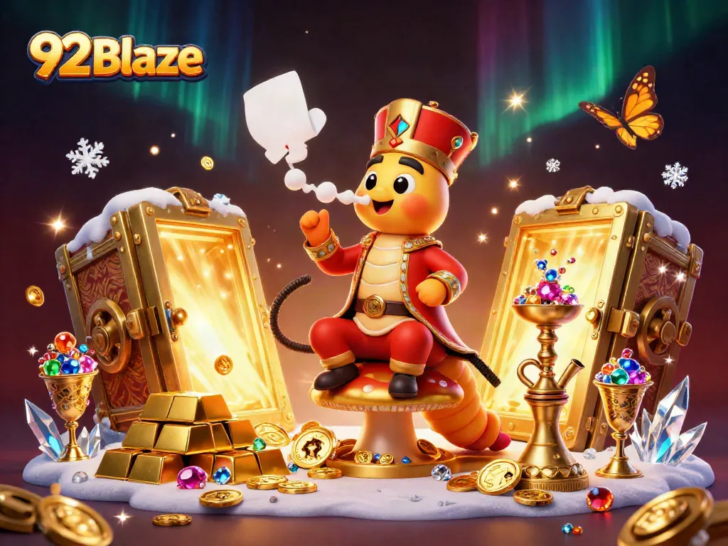 Engage in thrilling gaming with 92 Blaze, featuring a dynamic caterpillar hookah-master and treasure elements.