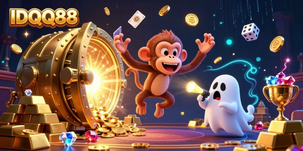 Engage with IDQQ88 in a vibrant casino scene featuring a playful ghost monkey and a ghost-hunter puppy amidst dynamic golden treasures.