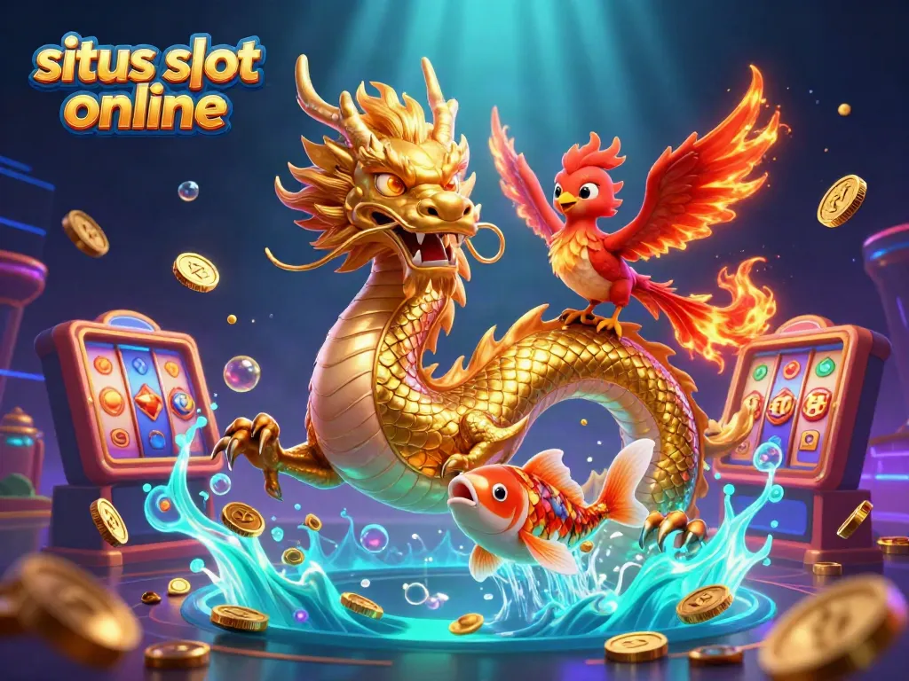 Permainan situs slot online dengan naga emas dan phoenix berapi di tengah koin yang berjatuhan.