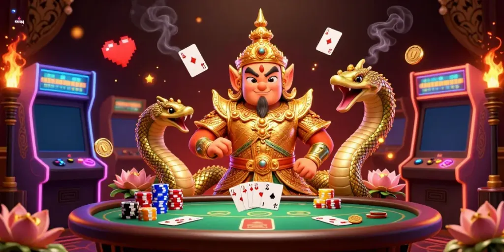 Engage with poker games on RasQQ's platform featuring a vibrant guardian and Naga serpent companions.