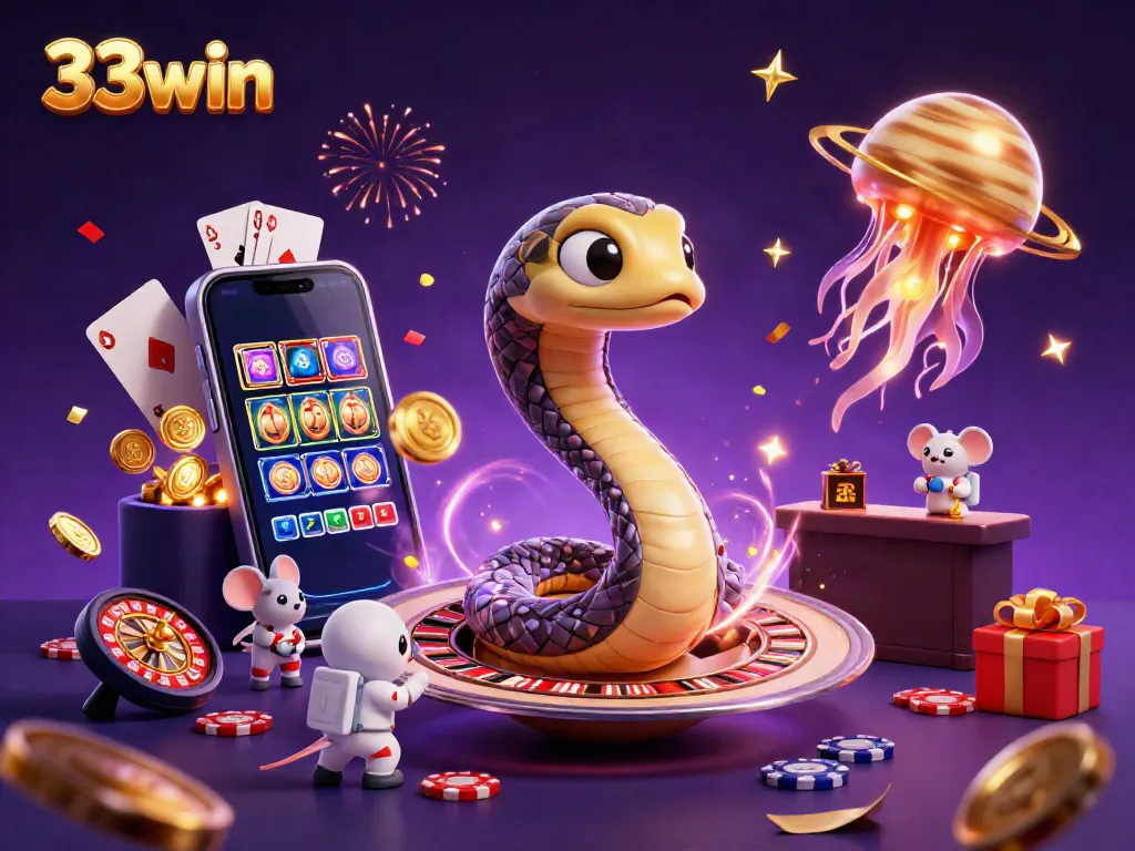 Experience the thrilling universe of 33win through a vibrant 3D illustration highlighting a cosmic casino scene with playful characters.