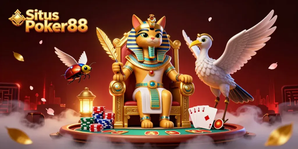 Situs Poker88 showcases a vibrant 3D illustration of a pharaoh cat surrounded by poker elements, inviting players to join the fun.