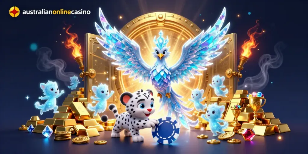 Experience the excitement of australianonlinecasino with a vibrant 3D scene showcasing a phoenix, snow leopard cub, and ice sprites.