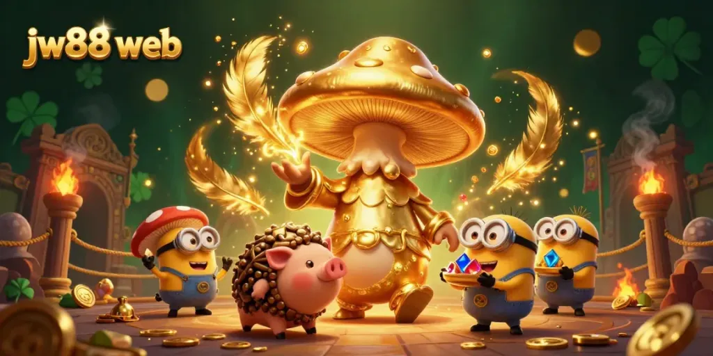 Experience the thrill of jw88 web with a vibrant 3D scene featuring casino magic and treasures.