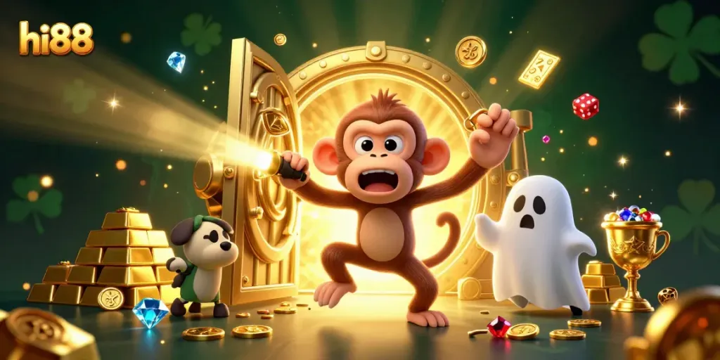 Experience thrilling moments at hi88 with a playful ghost-juggling monkey in a vibrant casino scene.