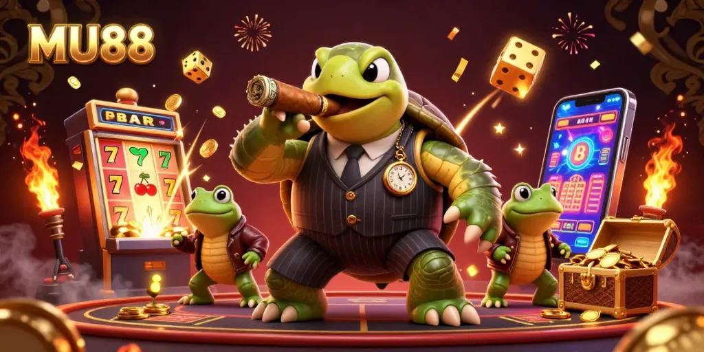 Experience the thrill of MU88, featuring a massive snapping turtle gangster in a dynamic casino scene.