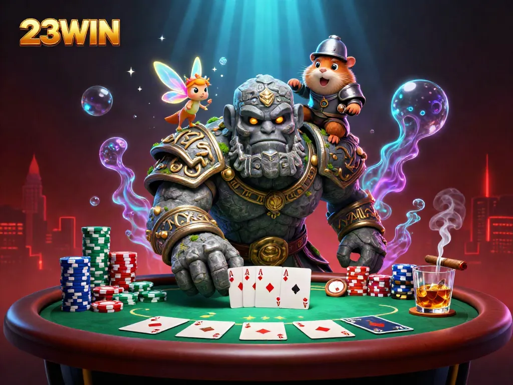 Experience 23WIN's thrilling poker moments with vibrant characters and rich casino elements.