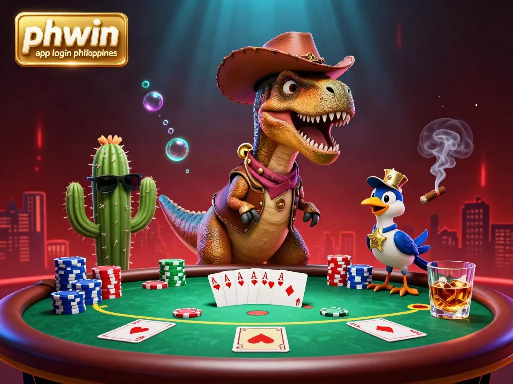 Engage with the phwin app login philippines as a vibrant casino scene shows action at a poker table with charismatic characters.