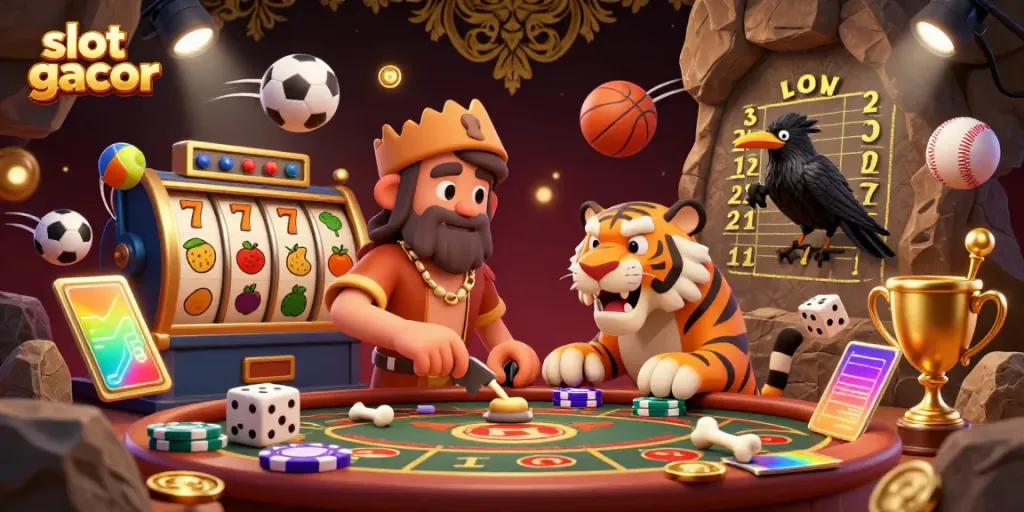 Experience slot gacor excitement in a vibrant prehistoric casino with caveman, tiger, and clever crow.