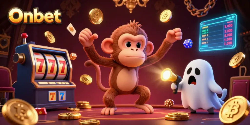 Onbet showcases a mischievous monkey and a ghost-hunter puppy amidst dazzling casino elements.