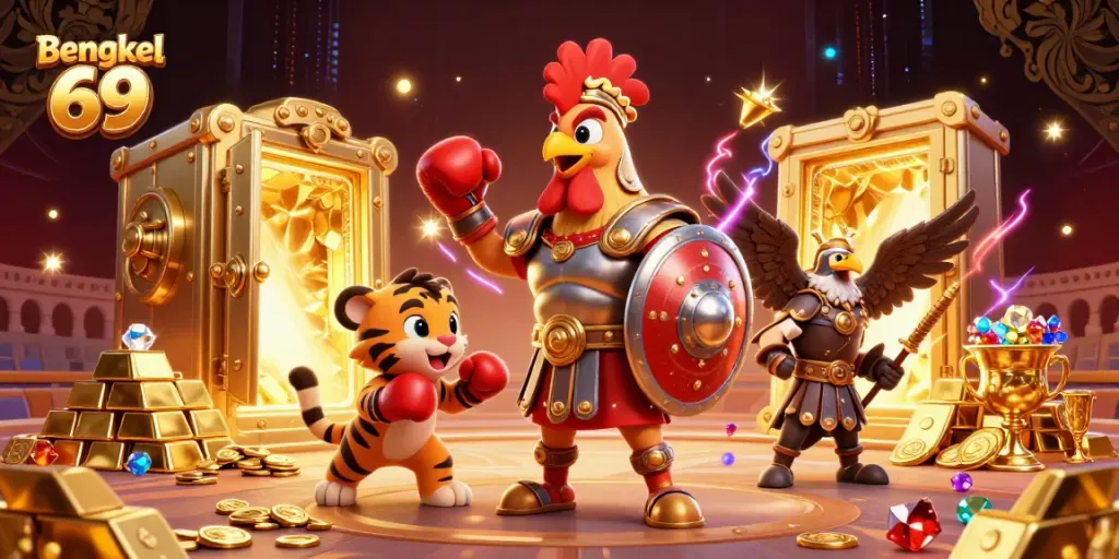 Bengkel 69 features dynamic 3D illustration of a rooster warrior, gold treasures, and exciting casino elements.