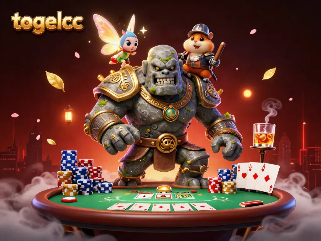 Experience the excitement of togelcc with a dynamic scene of a magical golem, fairy, and hamster knight surrounded by poker elements.