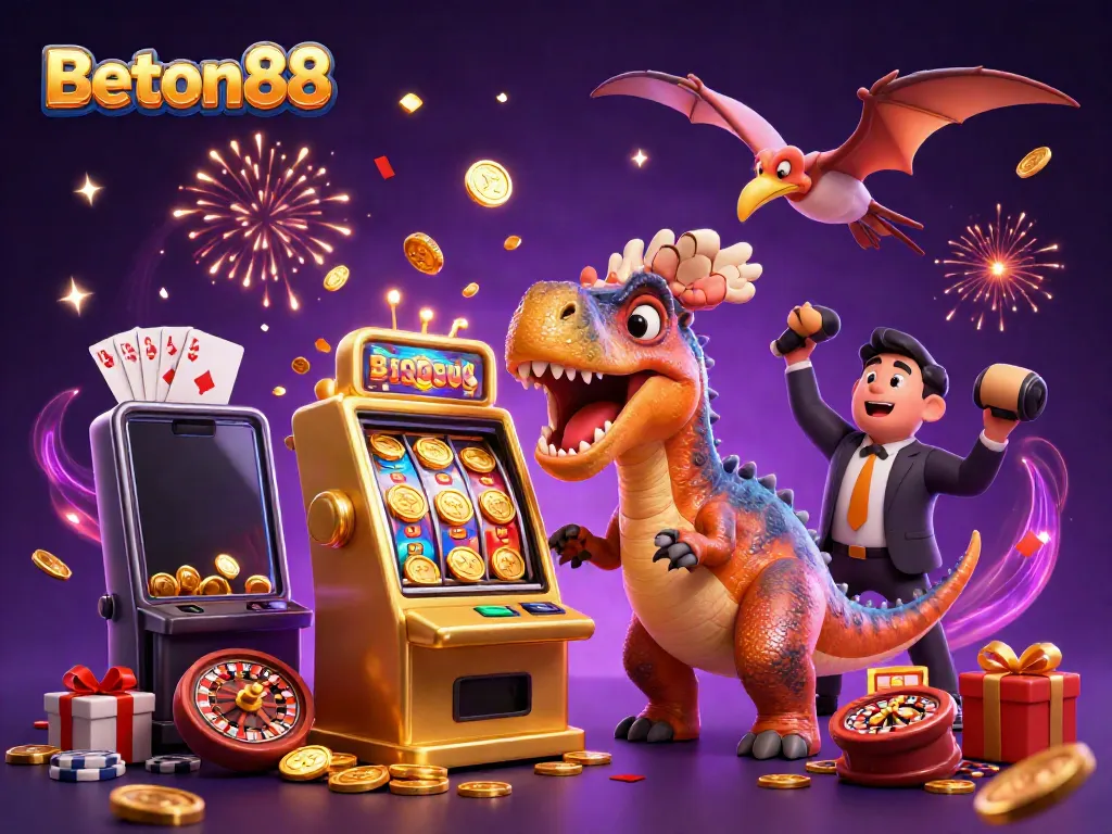 BETON88 mendemonstrasikan pengalaman jackpot dengan karakter dino di mesin slot emas dalam ilustrasi 3D