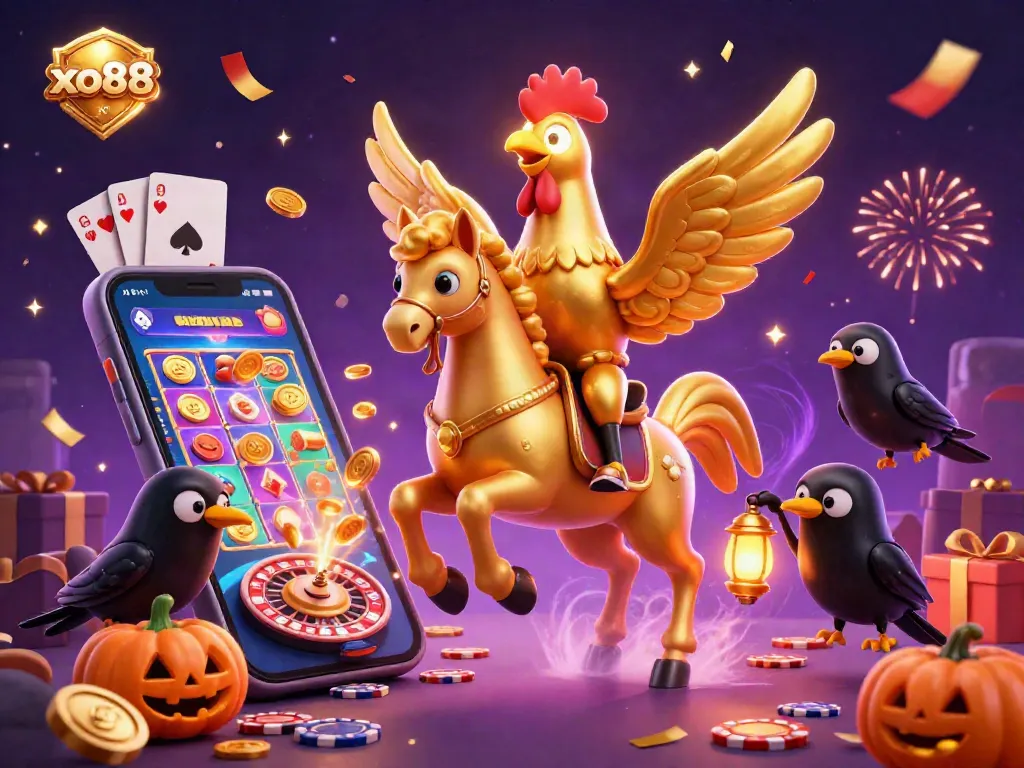 Engage with rich xo88 casino adventures featuring a golden rooster and magical elements in a mid-dark casino.