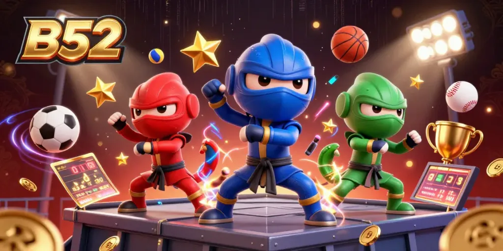 Engage in thrilling B52 gameplay with chameleon ninjas amid golden tokens and dynamic sports elements.