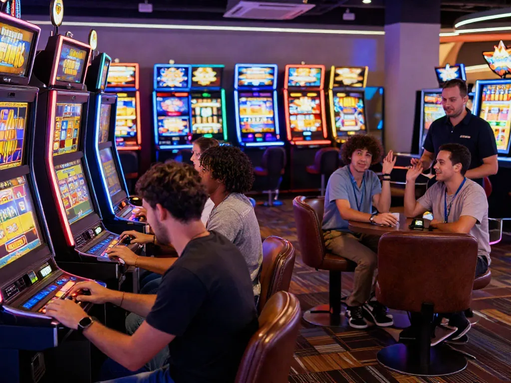 Players enjoying various slot demo games in a vibrant casino setting, showcasing the thrill of gaming.
