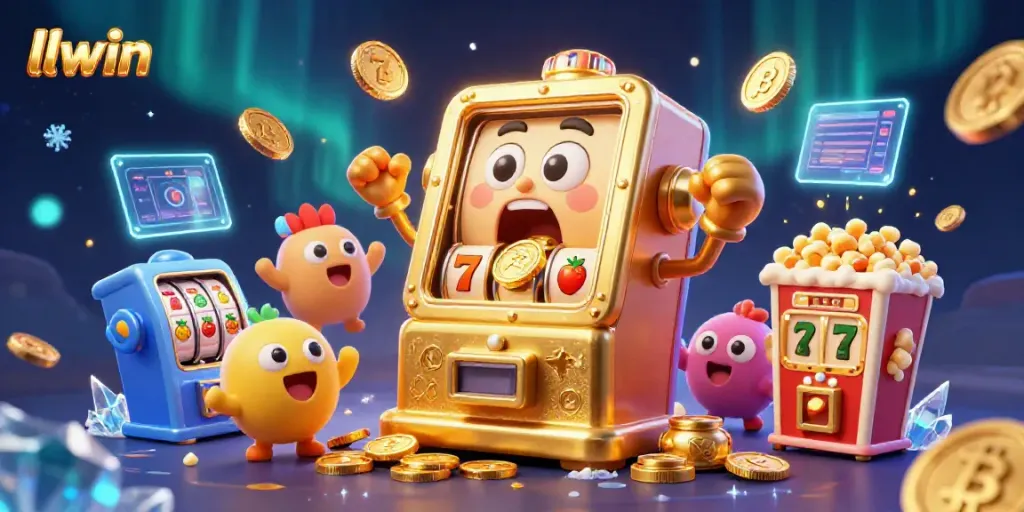 Celebrate a jackpot with llwin's vibrant golden slot machine and cheering companions.
