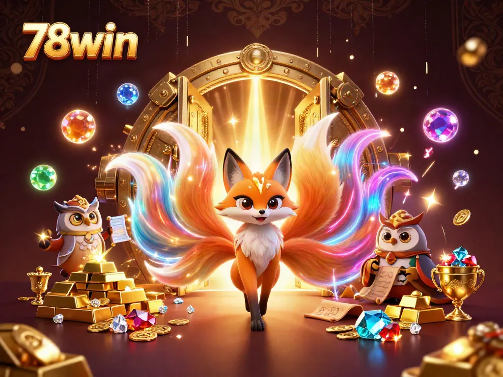 Engage with the vibrant spirit of 78win, showcasing a colorful fox spirit, treasures, and magical elements in an online casino style.
