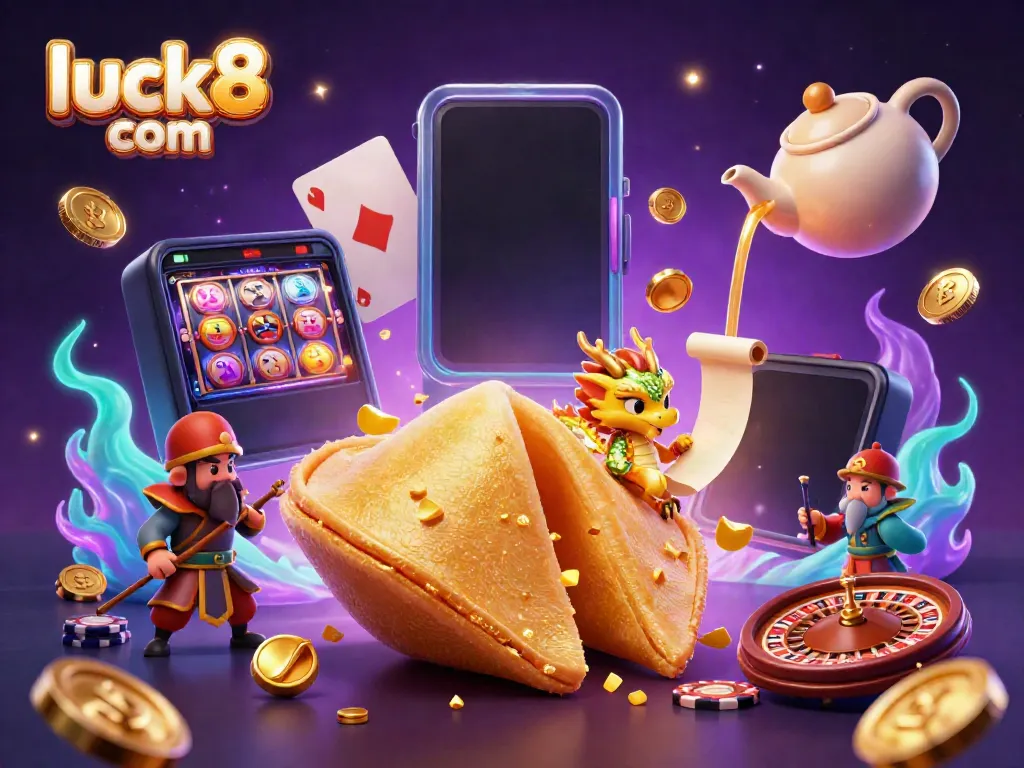 Engage in thrilling games at luck8 com with a vibrant casino scene filled with golden fortunes and slot excitement.