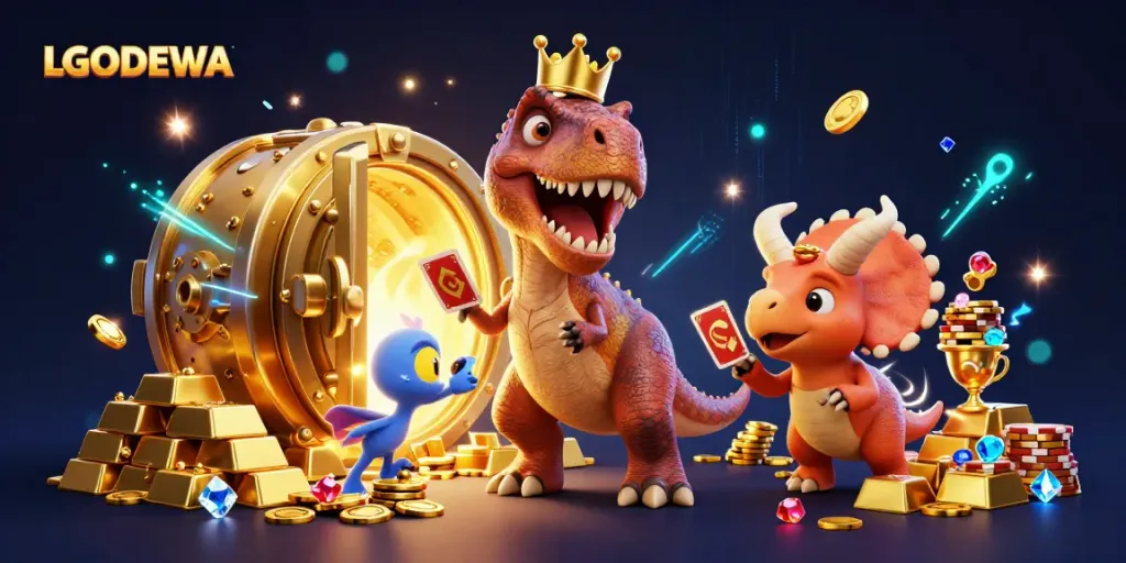 Experience LGODEWA's thrilling casino adventure with friendly dinosaurs playing cards and stacking chips.