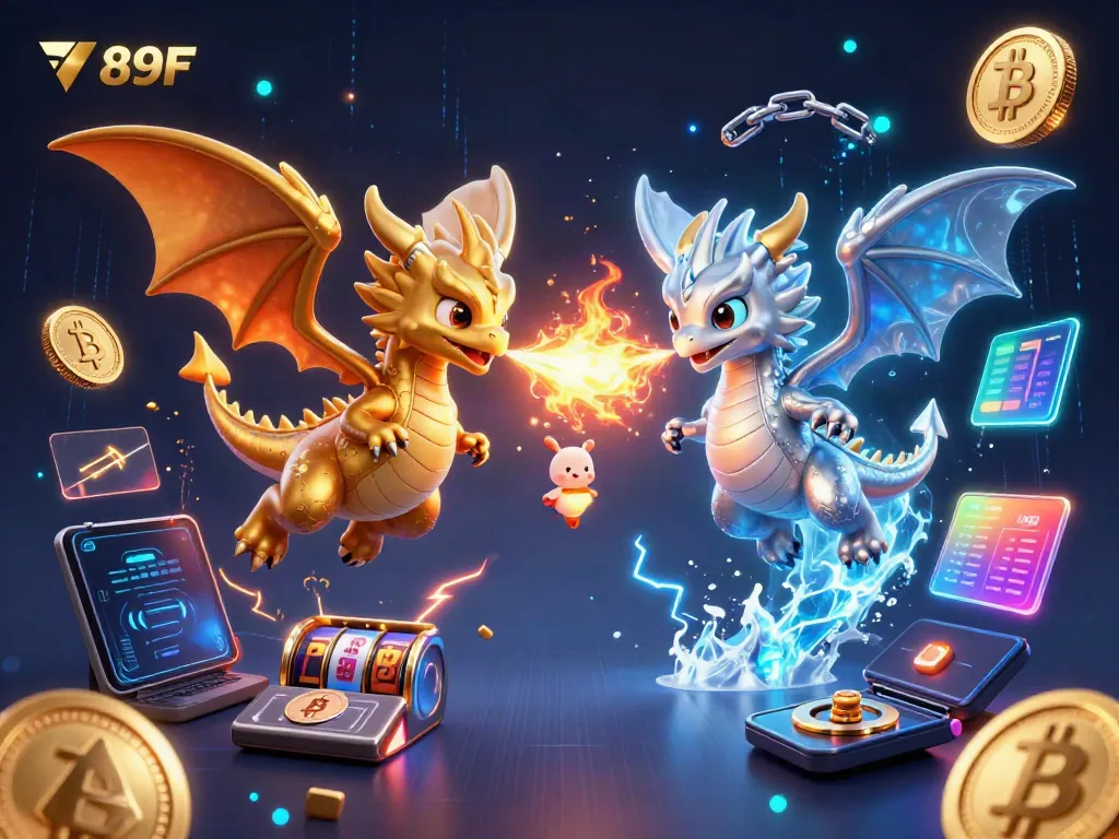 Experience exciting gaming adventures at 789F with vivid dragons and crypto elements in a dazzling casino setting.