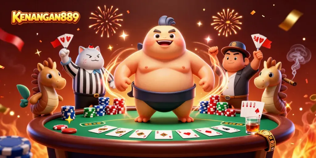 Experience KENANGAN889 action with a dynamic underwater poker showdown featuring a fun blowfish and casino elements.
