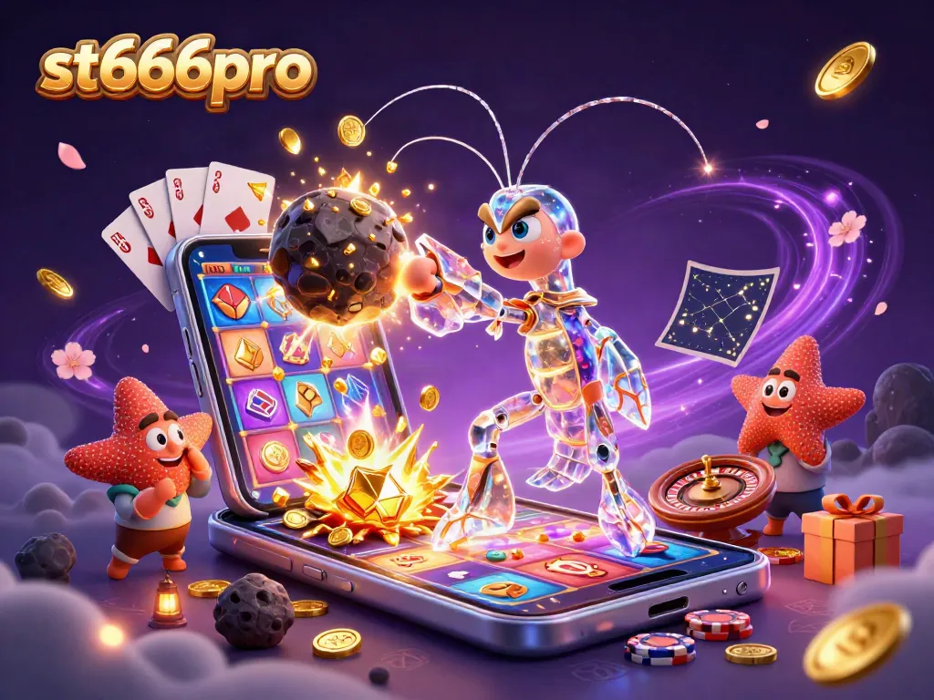 st666pro showcases a dynamic scene of a galactic samurai mantis shrimp in a casino-themed illustration, celebrating winnings with golden gems.